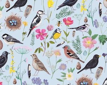 Garden birds -fabric by the metre, bird and floral interiors fabric