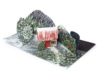 DIY Christmas Cottage Pop-Up Card – Printable Hand-Painted Template (Digital Download)