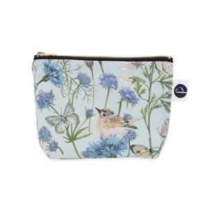 Goldcrest Bird Wash Bag: Floral Cosmetic Bag with Waterproof Lining