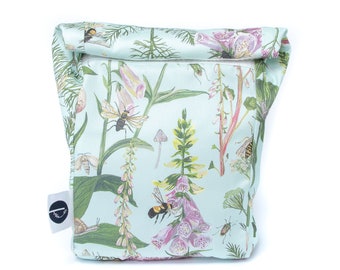 Snack/lunch bag with food safe lining - Nature & bird designs - Longtail and Foxglove fabric.