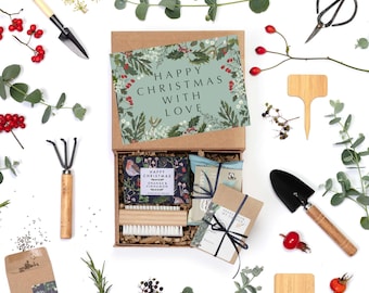 Christmas Gardener's Gift Set: Orange and cinnamon Soap, Seed Packets, Nail brush & Tea