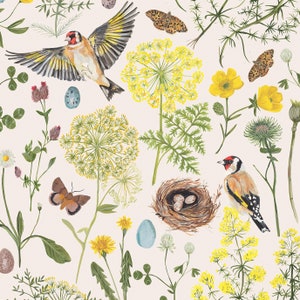 Goldfinch Floral Fabric: Yellow Bird Print Cotton Drill