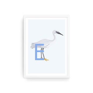 Egret Initial E Print: Bird Alphabet Wall Art
