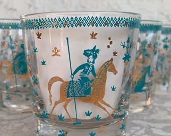 Midcentury Polo Cocktail Pitcher and Glasses Set | Turquoise and Gold