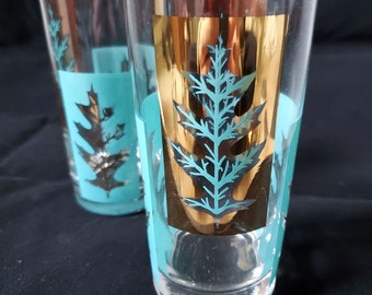 1960s Drinking Glasses with Gold and Teal Leaf Design  Set of 8