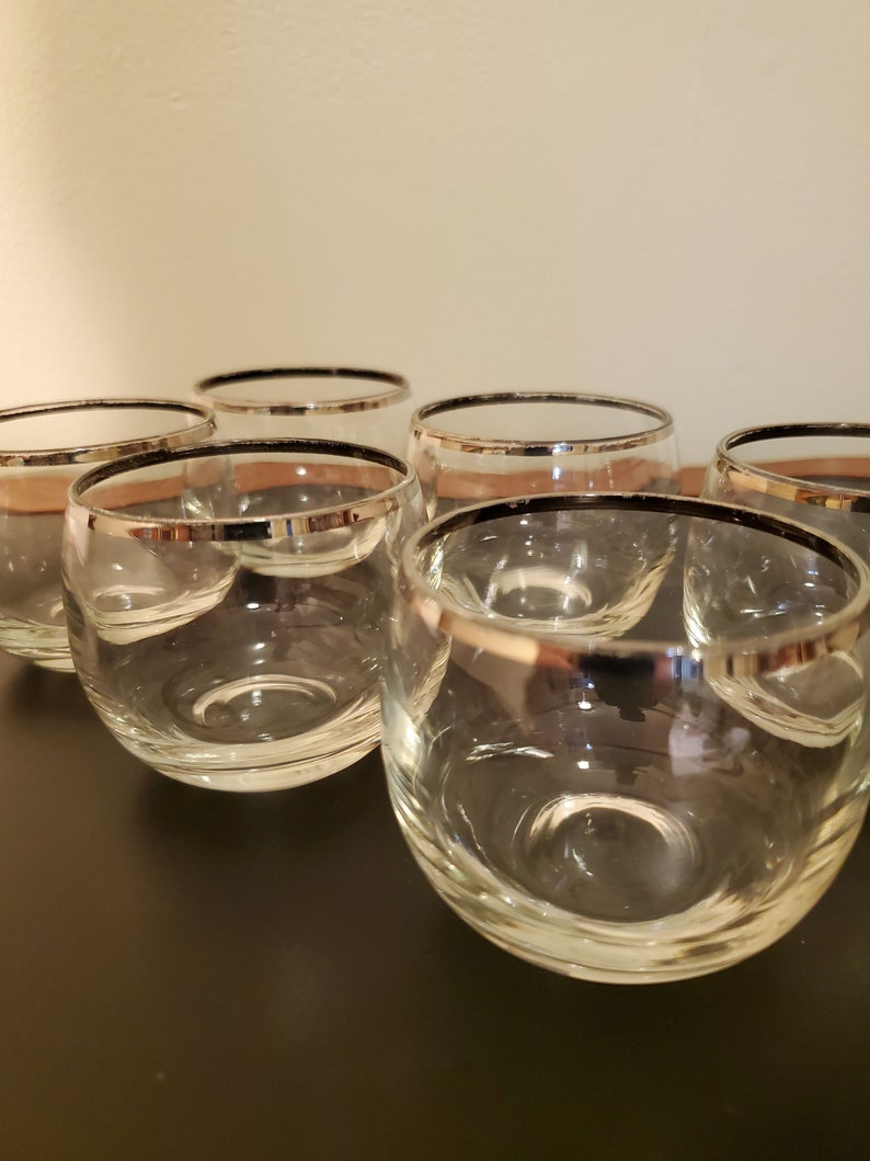 Mid Century Martini Set with Silver Band Pitcher with Stirrer and 6 Roly Poly Glasses image 3