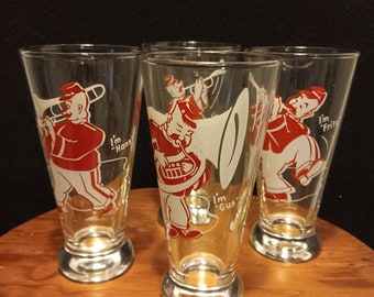 Mid Century Pilsner Glasses with German Oompah Band Theme Set of 4 Vintage Barware from the 1960s
