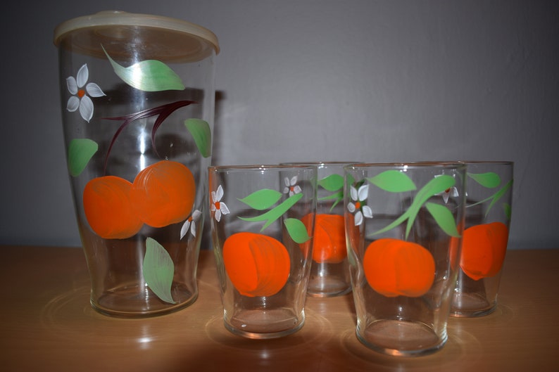 Midcentury Orange Juice Set with Pitcher and Glasses image 1