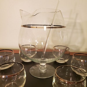 Mid Century Martini Set with Silver Band Pitcher with Stirrer and 6 Roly Poly Glasses image 1