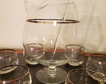 Mid Century Martini Set with Silver Band | Pitcher with Stirrer and 6 Roly Poly Glasses