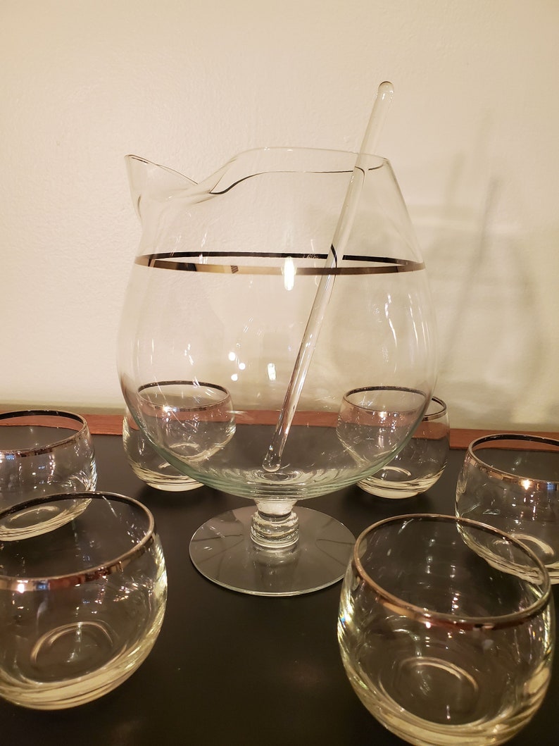 Mid Century Martini Set with Silver Band Pitcher with Stirrer and 6 Roly Poly Glasses image 1