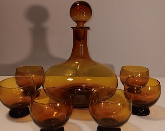 Amber Cocktail Set with Decanter and 6 Glasses | Mid-century Art Glass