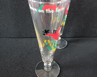 Pilsner Glasses with Down on the Farm Theme Set of 2 Vintage Midcentury Barware from the 1960s