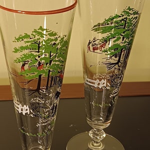 Mid Century Pilsner Glasses with Harvest Theme Set of 2 Vintage Barware from the 1960s