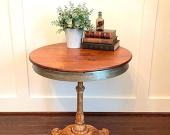 French Pub Table, Antique Cast Iron Base, Solid Oak Wine Barrel Top