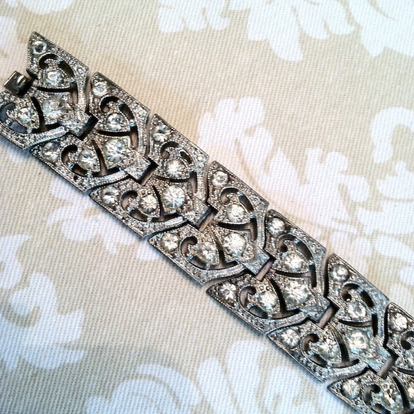 Art Deco Vintage Rhinestone bracelet, silver, signed with patent number