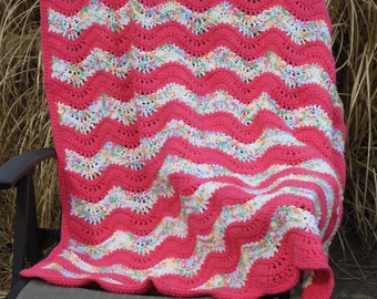 Pink and White Dotted Hand Crocheted Afghan, Blanket Throw, Baby Afghan