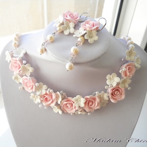 Handmade Rose Wedding Necklace: Pearls & Crystals Bridal Accessory