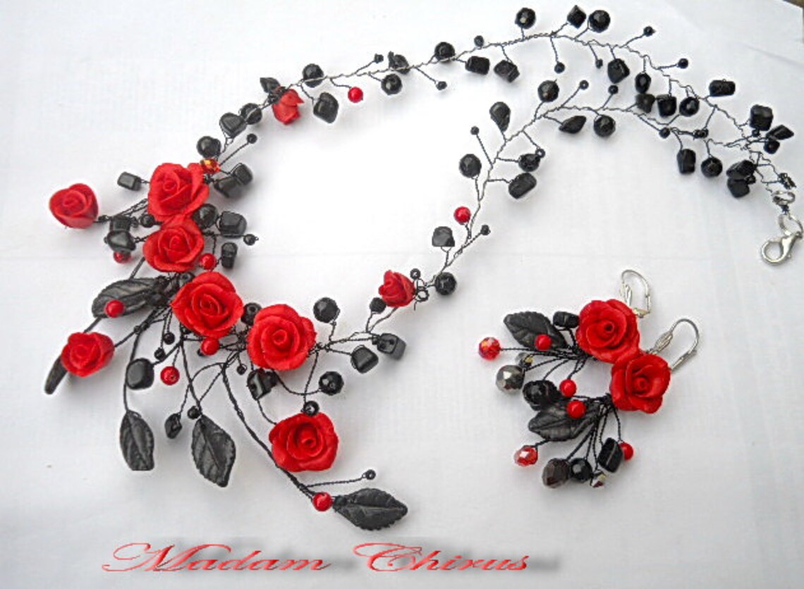 Necklace and Earrings With Red Roses Etsy