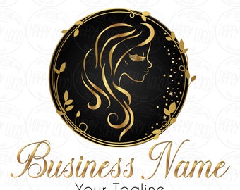 Beauty woman hair lashes logo, beauty hairdresser logo gold, sparkle floral lady logo, makeup artist logo, feminine logo, branding package