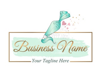 Custom logo design bakery logo, piping bag logo, cute pastel piping bag  logo, gold teal bakery cakery logo, piping bag, vector design