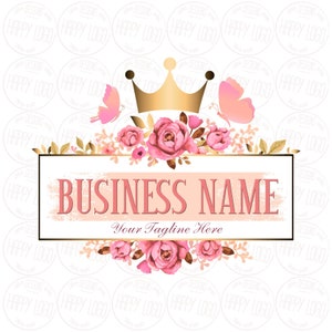 Flowers logo, fashion boutique logo, beauty salon logo, crown watercolor flower butterfly logo, floral logo, nature botany, florist logo