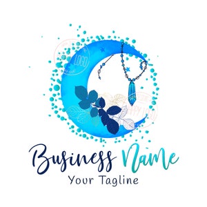Moon logo, boutique logo, beauty logo, floral gemstone  watercolor moon stars Logo, teal moon crystal Logo, vector moon necklace logo blue