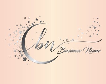Moon stars initials logo, Silver glitter beauty business branding