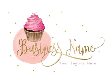 DIGITAL Custom logo design, watercolor cupcake bakery logo design, pink cupcake logo, bakery sweets logo design, business logo design