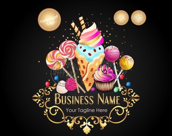 May include: A colorful logo design featuring a gold ornate frame with the text "BUSINESS NAME" and "Your Tagline Here". Inside the frame are various sweets, including a waffle cone ice cream, lollipops, cake pops, and a cupcake. The background is black.