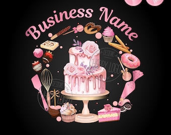 Può includere: Una torta a due piani rosa e bianca con rose rosa e glassa che cola, circondata da vari articoli da forno rosa e bianchi, tra cui cupcake, ciambelle, biscotti e una sac à poche. Il testo "Business Name" è scritto in lettere rosa intorno alla torta. Il testo "www.etsy.com/shop/HappyLogo" è in fondo all'immagine.