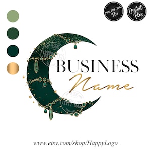 Moon logo, jewelry logo moon green gold, boutique logo, celestial spiritual logo, fashion logo, gemstone beauty logo, branding identity