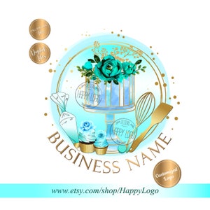 Logotipo da padaria, logotipo de cupcake de bolo aquarela pré-fabricado, design de marca de cozimento em aquarela, pacote de marca elegante feminino, cartão de visita azul-petróleo