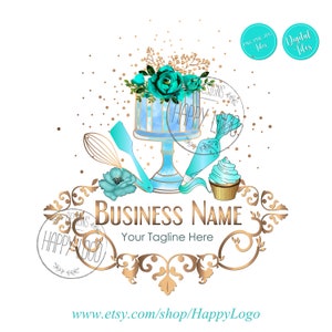 Logotipo da padaria, logotipo de cupcake de bolo aquarela pré-fabricado, design de marca de cozimento em aquarela, pacote de marca elegante feminino, cartão de visita azul-petróleo