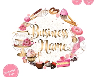 Puede incluir: Un diseño de logotipo rosa y dorado para un negocio de panadería. El logotipo presenta un círculo con una variedad de dulces y postres, incluyendo cupcakes, donas, cake pops y un pastel. El texto "Business Name" está escrito en fuente de letra dorada.