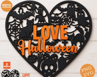 Love Halloween SVG, 2 Layers Heart Cut File Cricut Vector, Laser Engraving PNG