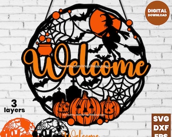 Halloween Welcome Sign SVG, Layered Laser Cut Wreath File PNG
