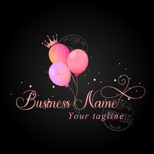 Party logo, balloons party crown logo design, glitter pink party events logo, anniversary celebration, entertainment business, party planner