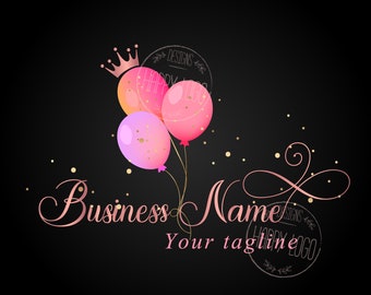 Party logo, balloons party crown logo design, glitter pink party events logo, anniversary celebration, entertainment business, party planner