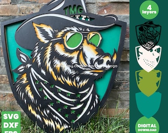 Wild Boar SVG Layered Laser Cut File, Cool Pig Shield Cricut, Mancave Hunter Gift