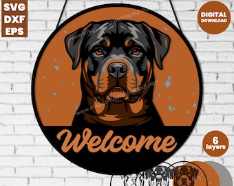 Rottweiler Welcome Sign SVG | Layered 3D Dog Door Hanger Laser Cut File | Layered Cricut Design