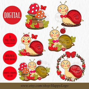 Lindo caracol dibujado a mano, archivo digital original PNG, ilustración infantil, arte de pared para habitación infantil, encantadora fresa con forma de hongo bohemio descargable