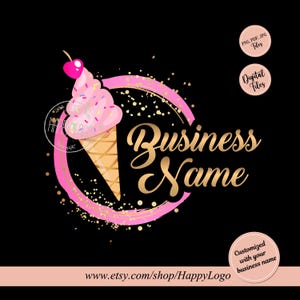 IJs aquarellogo, warmroze gelateria gelato-logo, watermerkijs, kant-en-klare aquarel, brandingpakket, gepersonaliseerd logo