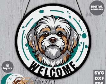 Shih Tzu Welcome Sign SVG | 6 Layer Laser Cut File, Cricut Door Hanger Dog