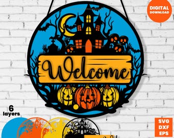 Halloween Welcome Sign SVG | Layered Laser Cut File | Spooky Home Door Hanger EPS