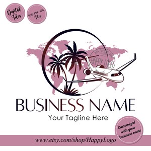 May include: A logo design featuring a world map in shades of pink, a black circle, palm trees, and a plane. The text reads "BUSINESS NAME" and "Your Tagline Here". Includes text "Digital Files" and "PNG, PDF, JPG Files".