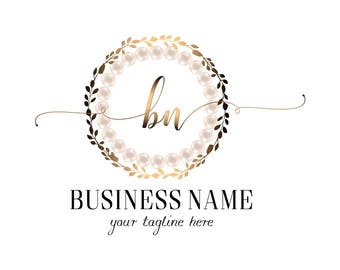 Pearls wreath floral logo, elegant pearls logo, jewelry store logo, round circle signature initials business logo, vector branding identity