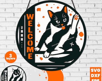 Cat Welcome Door Hanger SVG | Layered Funny Cat Laser Cut File, Tuxedo Kitten Licking Sign Round