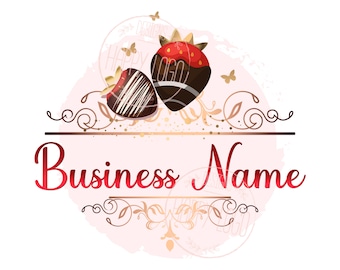 Peut inclure: Un logo avec deux fraises enrobées de chocolat avec des accents dorés et un motif en spirale doré. Le texte "Business Name" est écrit en rouge sous les fraises.