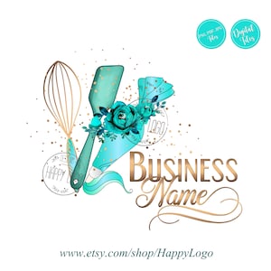 Logotipo da padaria, design de saco de confeitar com espátula em aquarela, logotipo de cupcake de bolo, marca de flores em aquarela, modelo de cartão de visita azul-petróleo